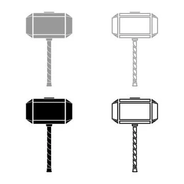 Thor's hammer Mjolnir icon set grey black color illustration outline flat sty Stock Illustration