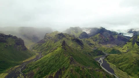 Thorsmork Iceland Epic Dramatic Mountain Panoramic Vista. Drone Circles Around Stock Footage 256713986