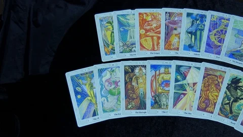 Thoth Tarot cards, divination cards, all major arcana. moving left to right 4k Stock Footage