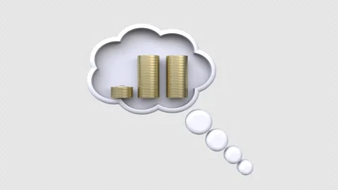 A thought bubble containing stacks of coins and a fluffy cloud, symbolizing.. Stock Footage 303070480