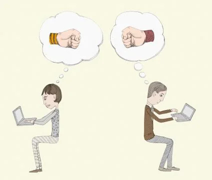 Thought bubbles with fists above two people working back to back on laptops 스톡 일러스트