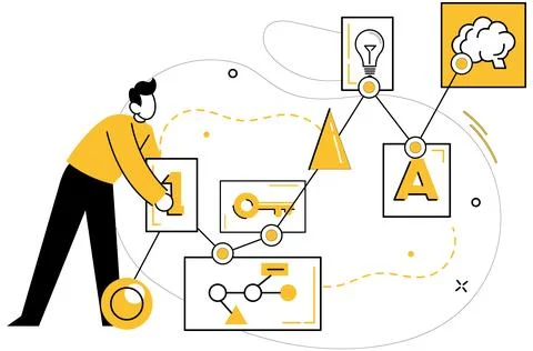 Thought experiment. Brainstorming and analyzing join forces, crafting fabri.. Stock Illustration