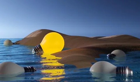 Thought light bulbs left at the beach, 3D render Stock Illustration