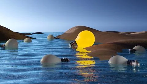 Thought light bulbs left at the beach, 3D render Stock Illustration