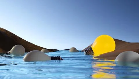 Thought light bulbs left at the beach, 3D render Stock Illustration