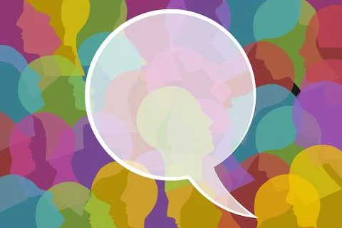 Thought speech bubble on colorful human faces Stock Photos