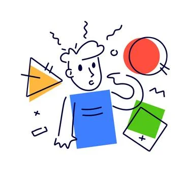 Thoughtful abstract character solves problem. Thoughts and geometric form. Ma Illustrazione stock