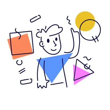 Thoughtful abstract character solves problem. Thoughts and geometric form. Ma Stock Illustration