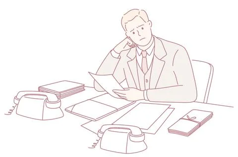 A thoughtful and contemplative man dressed in a suit is seated at his desk Illustrazione stock
