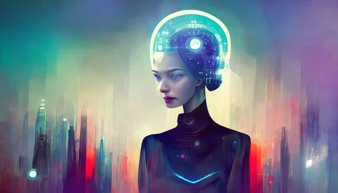Thoughtful Artificial Intelligence Robotic Female Android with Glowing Lights Stock Illustration