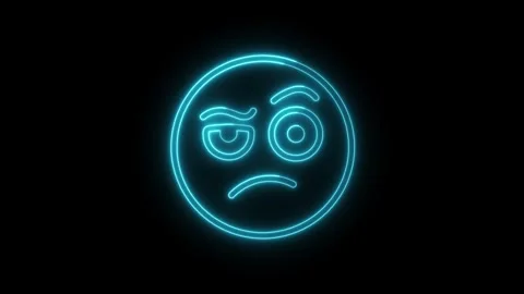 Thoughtful blue neon skeptical face emoji illustration Stock Footage 342233978