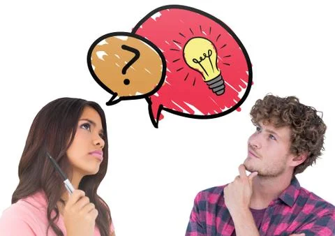 Thoughtful business executives looking at question mark and light bulb concept Stock Photos