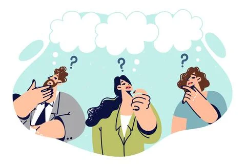 Thoughtful business people solve complex problem together, stand under dialogue 库存插图