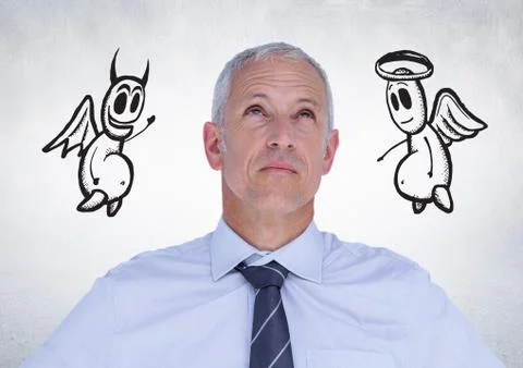 Thoughtful businessman with angel and devil doodle in background Foto stock