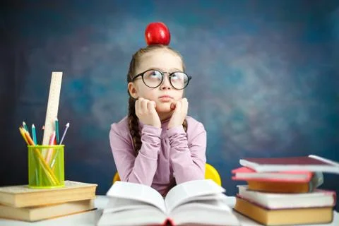 Thoughtful Elementary School Girl Study Photo Foto stock