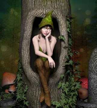 Thoughtful elf sitting in a tree trunk 스톡 일러스트