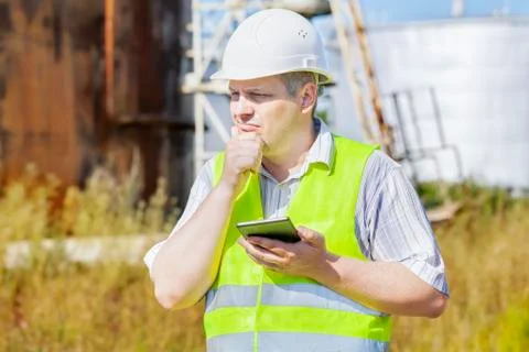 Thoughtful engineer using tablet PC near tanks Stock Photos