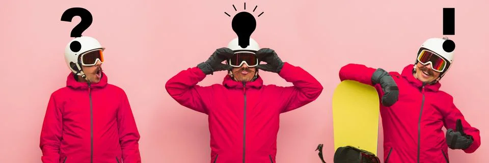 Thoughtful, finding solution man with question and exclamation marks. Collage Stock Photos