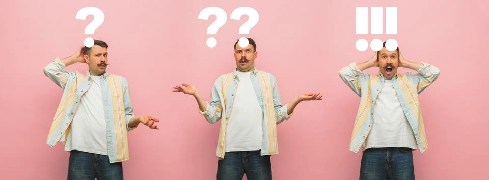 Thoughtful, finding solution man with question and exclamation marks. Collage Stock Photos