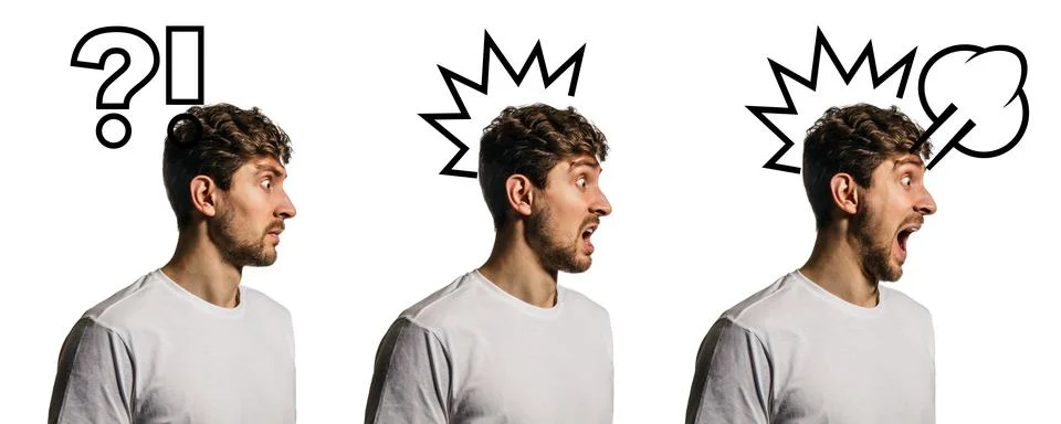 Thoughtful, finding solution man with question and exclamation marks. Collage Stock Photos