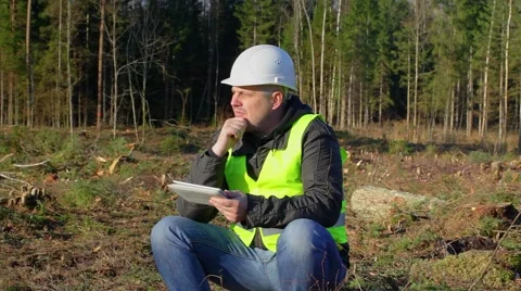 Thoughtful forest engineer with tablet PC in the forest Stock Footage 43543738