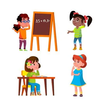 Thoughtful Girls Thinking About Problem Set Vector 스톡 일러스트