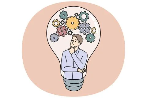 Thoughtful guy comes up with new idea scratching chin and looking at gears Stock Illustration