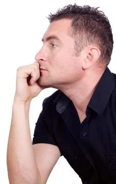 Thoughtful guy isolated on white background Stock Photos
