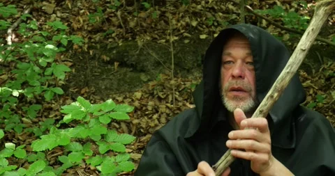 Thoughtful Hermit with Staff in Forest Stock Footage 336693362