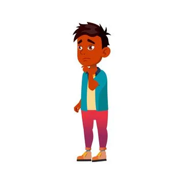 Thoughtful india boy thinking and choosing snack at street food car cartoon v Ilustração Stock
