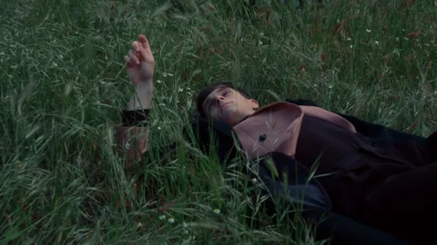 Thoughtful individual lying in grassy field during a serene afternoon moment Stock Footage 319930461