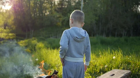Thoughtful little boy looking into the fire at sunset back view Stock Footage 131744227