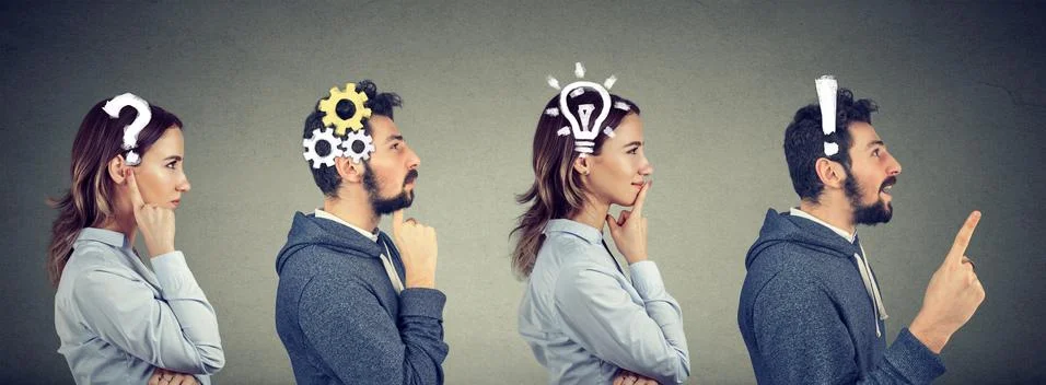 Thoughtful man and woman thinking solving together a common problem Stock Photos