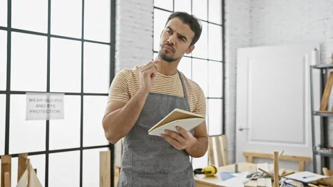 Thoughtful man with beard planning woodwork in a bright carpentry studio Stock Footage 277430573
