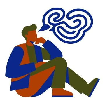 Thoughtful Man with Brain Graphic Thought Bubble Illustration Stock Illustration
