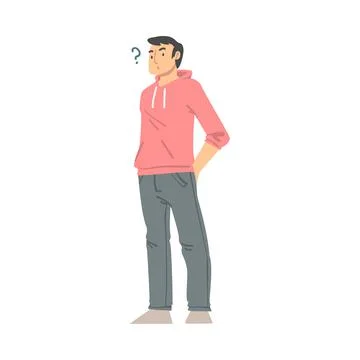 Thoughtful Man Character and Question Mark Thinking Over the Matter Vector Stock Illustration