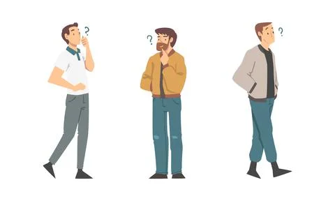 Thoughtful Man Character and Question Mark Thinking Over the Matter Vector Stock Illustration