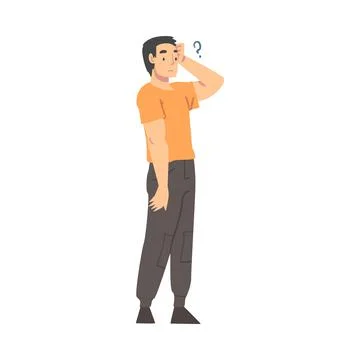 Thoughtful Man Character Scratching Head and Question Mark Thinking Over the Stock Illustration