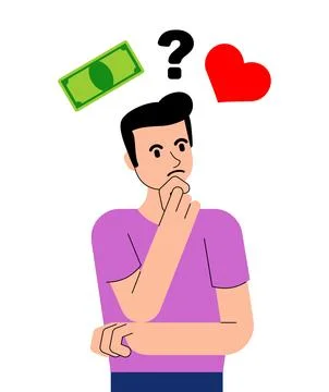 Thoughtful man deciding between heart and money. Symbolizes dilemma, choice.. Stock Illustration