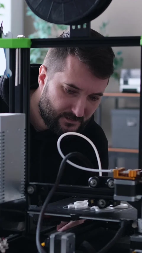 Thoughtful Man Designer Control Work Of A 3D Printer Stock Footage 303853264