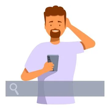 Thoughtful man holding smartphone using search bar solving problem finding イラスト素材