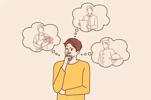 Thoughtful man making choice between professions after graduating from school Illustrazione stock