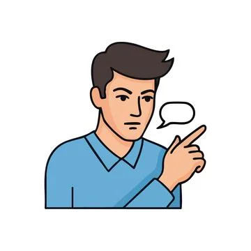 (Thoughtful Man Pointing Bubble. A serious animated gentleman gestures with.. Stock Illustration
