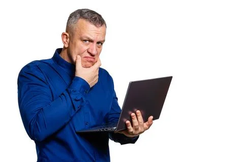 Thoughtful man using laptop decision making concept Stock Photos
