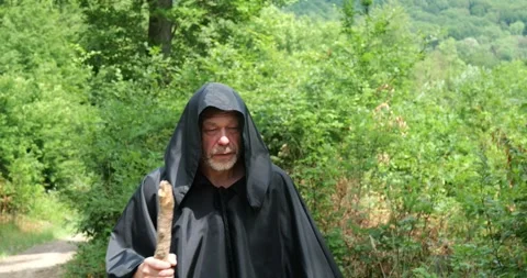 Thoughtful Monk Leaning on Staff in Forest Video stock 336695238