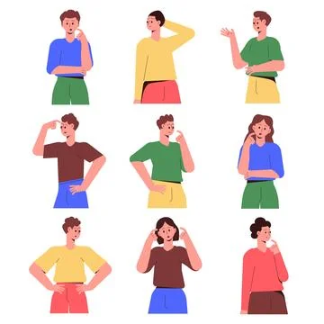 Thoughtful People Thinking Try to Solve Problem Vector Set Stock Illustration