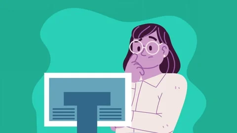Thoughtful person with glasses looks at computer screen with question, anim.. Stock Footage 333720728