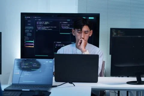 Thoughtful Programmer Coding on Laptop 库存照片