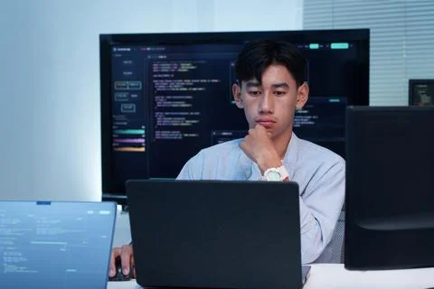 Thoughtful Programmer Working on Digital Code Development 库存照片