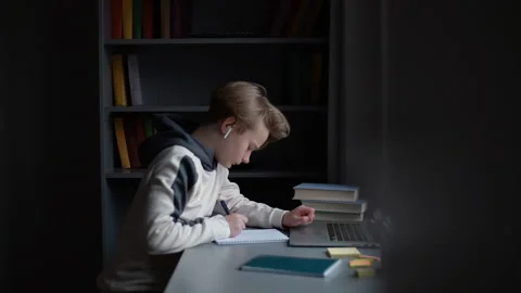 Thoughtful pupil boy learning online using laptop making notes in copybook Stock Footage 151243500